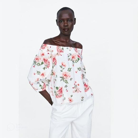 2/$30 ZARA Off the Shoulder Rose Pompom Blouse M White Smocked 3/4 Sleeve #6045 - Picture 1 of 14